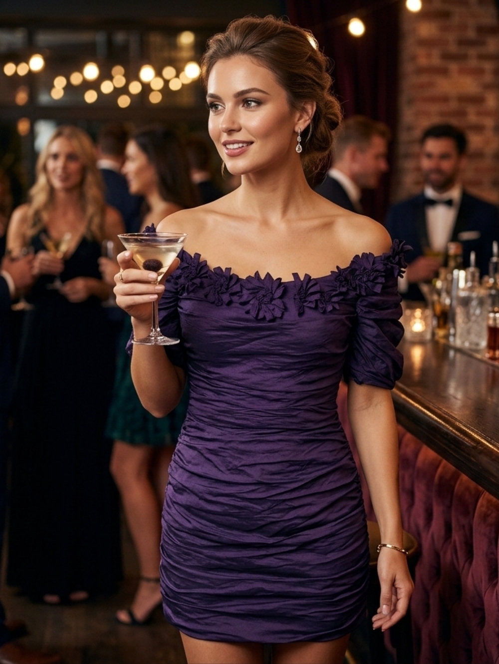 BCBG MaxAzria Purple Off-Shoulder Flower Applique Trim Cocktail Party Dress 6